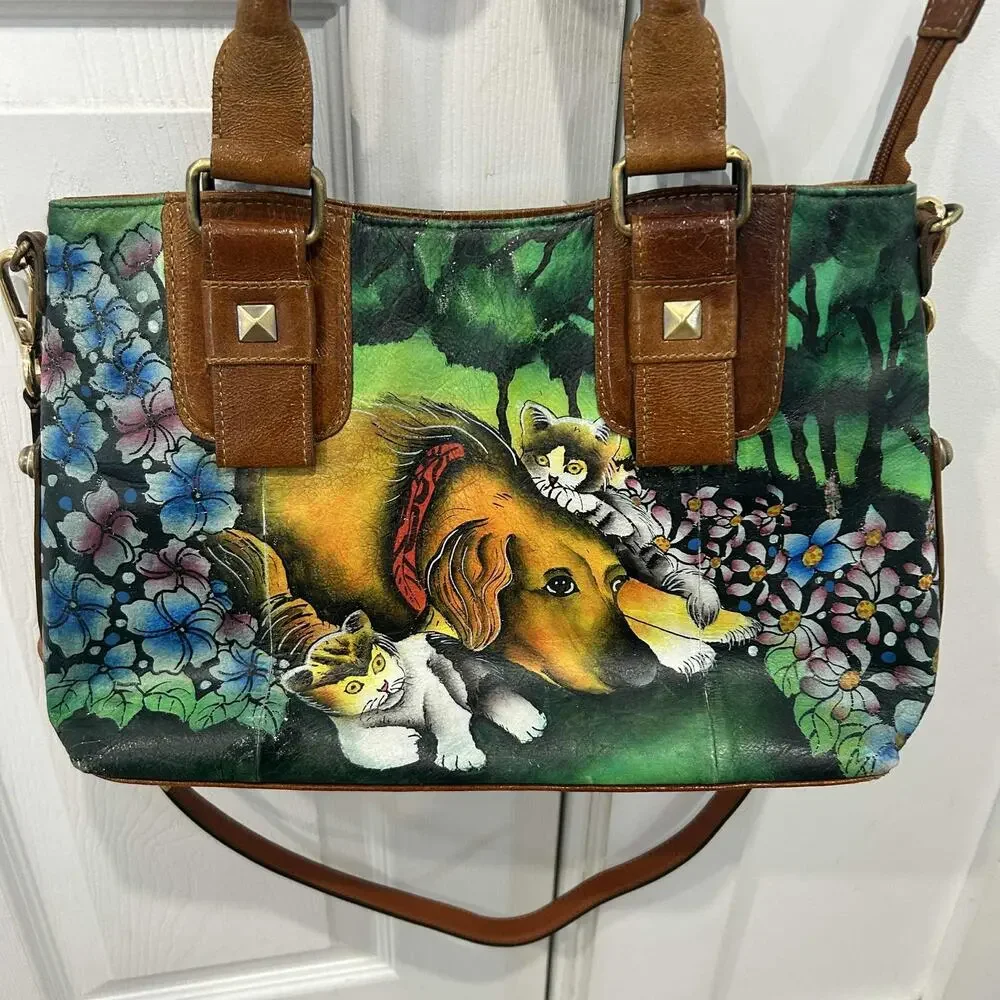 Original by Sharif 1827 Leather Hand Painted Dog Cats Shoulder Bag Purse - Picture 3 of 7